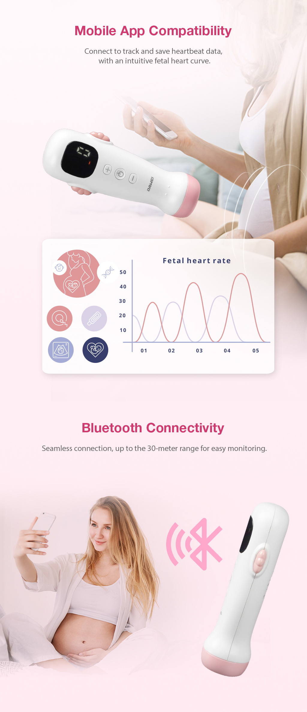 A portable fetal doppler monitor with APP, helps you detect and listen to your baby's heartbeat and displays in digit/waveform via device and APP
