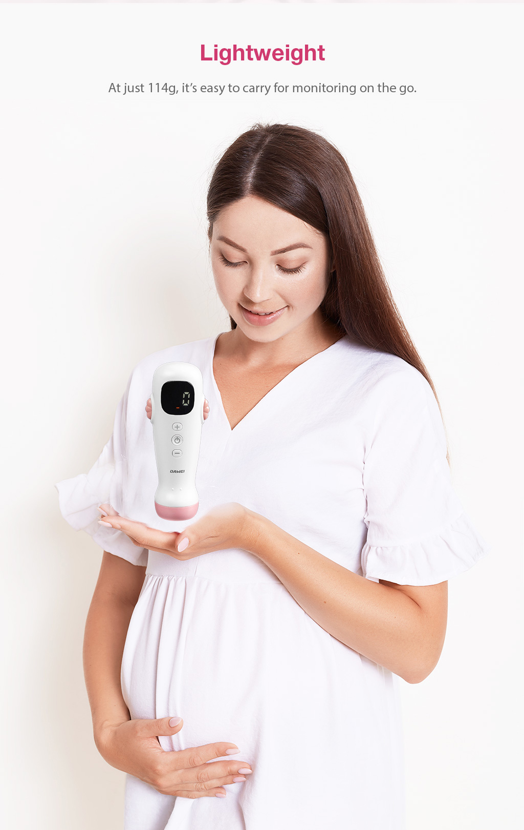 A portable fetal doppler monitor with APP, helps you detect and listen to your baby's heartbeat and displays in digit/waveform via device and APP
